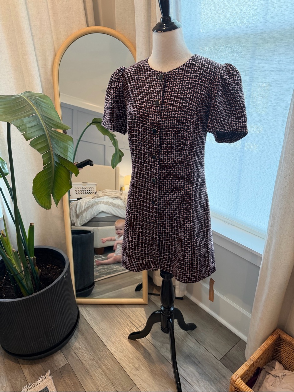 Reformation Burgundy and Black Tweed Puff-Sleeve Mini Dress
